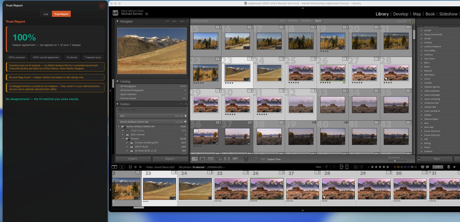 Trust Report showing 100% keeper agreement on a completed benchmark, next to the Lightroom Classic Library grid